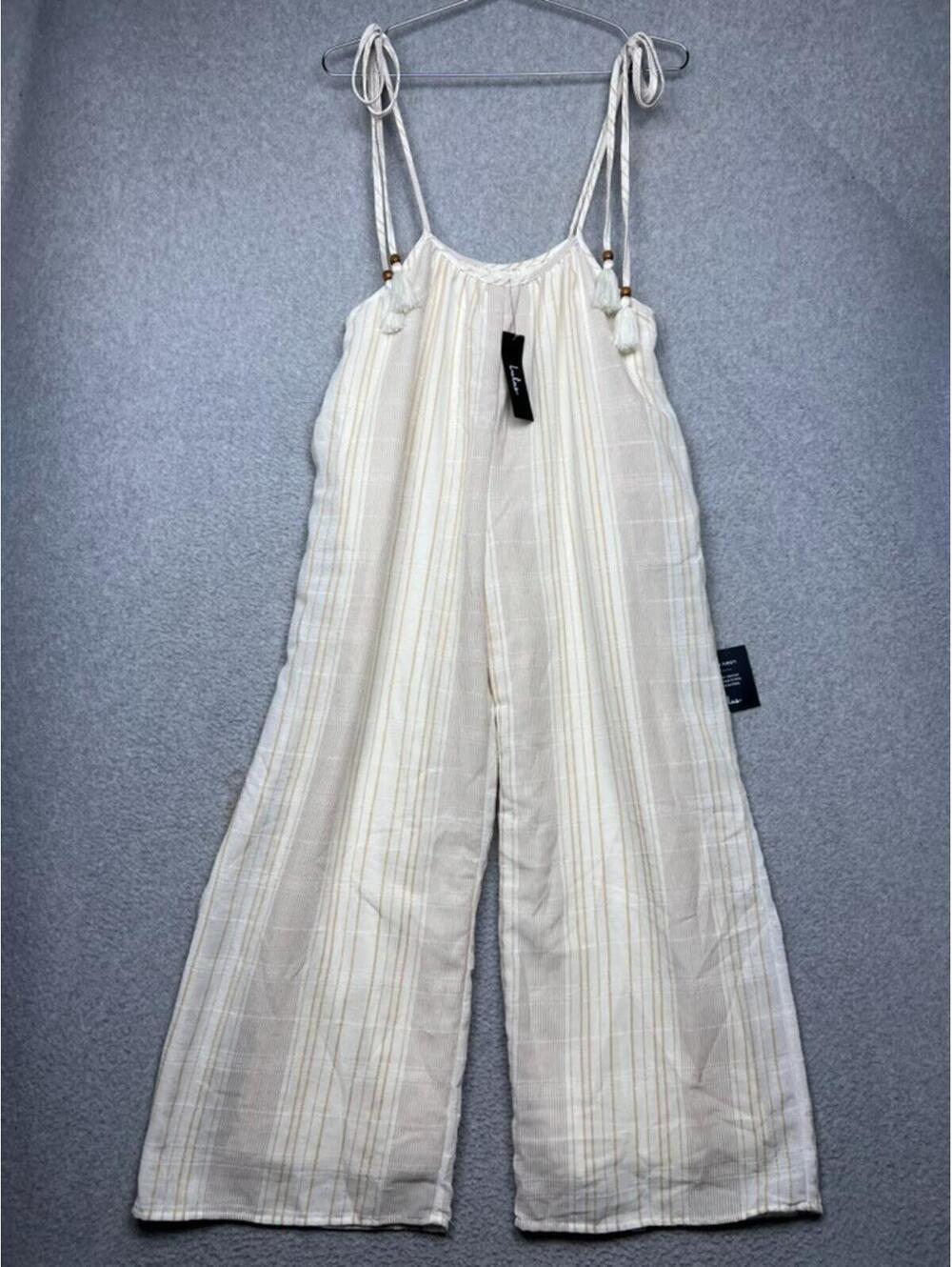 Lulus Messina Beige Striped Wide Leg Jumpsuit Tassel Tie Cotton Blend Casual S